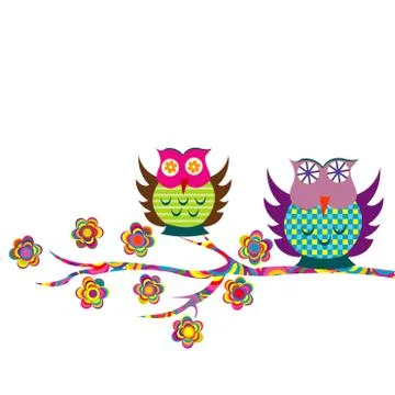 Patterned cartoon owls on a branch Stock Illustration