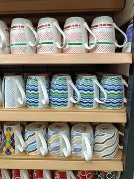 Patterned ceramic mugs neatly arranged Stock Photos