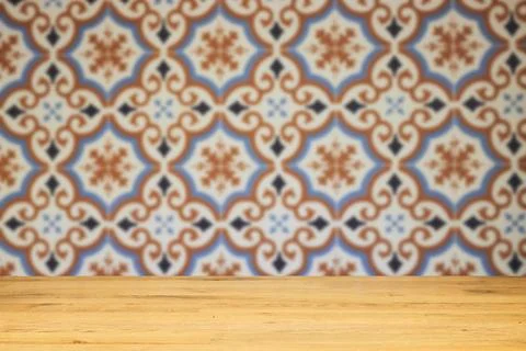 Patterned Ceramic Tiles Background With Rustic Wooden Tabletop for Product or Fo Stock Photos