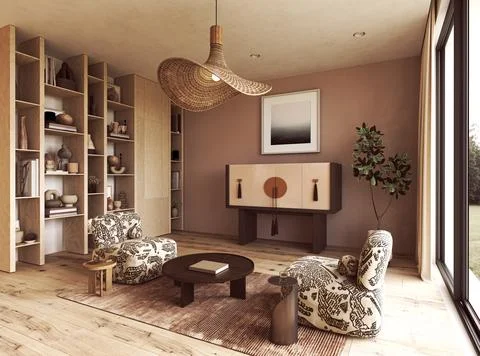 Patterned chairs and dark wood coffee table in scandinavian japandi bohemian Ilustração Stock