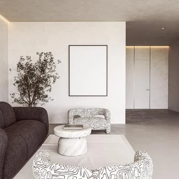 Patterned chairs and stone coffee table in a scandinavian minimalism living Stock-Illustration