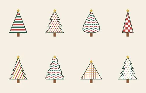 Patterned Christmas tree set with stripes, polka dots, zigzag, checkered and Stock Illustration