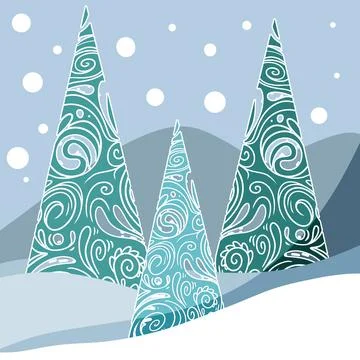 Patterned christmas trees against light blue background with snowfall Stock Illustration
