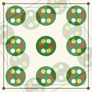 Patterned circular motifs with polka dots on geometric grid background Stock Illustration