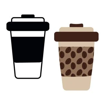 Patterned with coffee beans and black and white disposable coffee cups with lid Stock Illustration