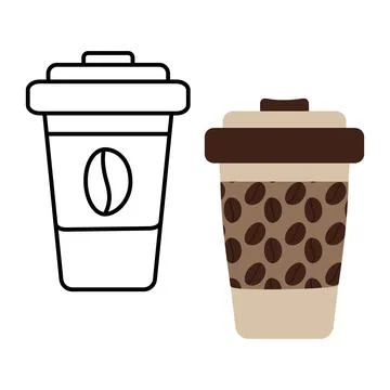 Patterned disposable cup with coffee beans in trendy soft brown and outline Illustrazione stock