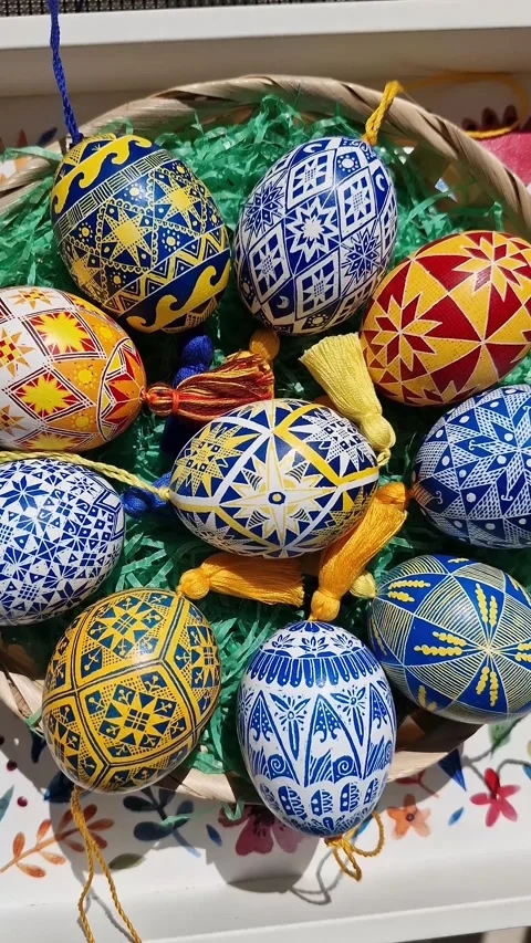 Patterned Easter eggs featuring traditional Ukrainian pysanky designs with Stock Footage 306674003