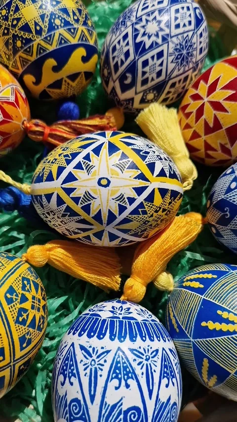 Patterned Easter eggs featuring traditional Ukrainian pysanky designs with folk Stock Footage 306677143