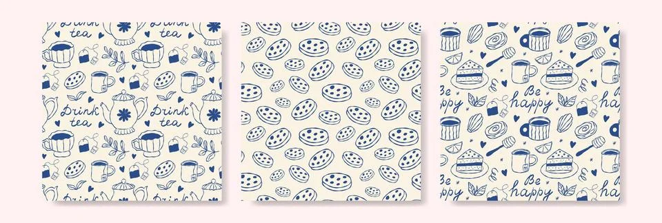Patterned fabric design with playful blue sketches tea items Illustrazione stock