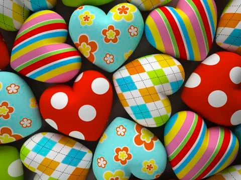 Patterned fabric hearts on dark background Stock Illustration