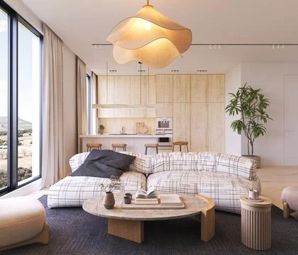 Patterned fabric sofa and wood coffee table in scandinavian japandi living room Stock Illustration