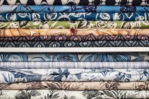 Patterned Fabrics in Tailoring Atelier Stock Photos