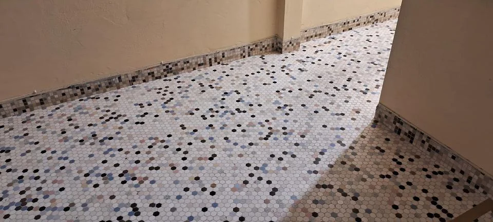 Patterned floor with hexagonal tiles in a small narrow hallway Stock Photos