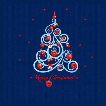 Patterned florid Christmas tree on a background of blue dots and the words Merry Stock Illustration