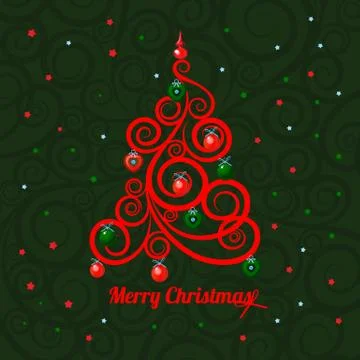 Patterned florid Christmas tree on a green background and the words Merry Stock Illustration