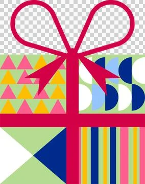 Patterned gift box is being shown in flat graphic with red ribbon, bow, Illustrazione stock