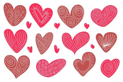 Patterned Hand Drawn Heart Doodle Set Modern Red and Terracotta Love Sketches Stock Illustration