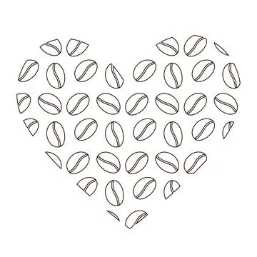 Patterned Heart shape of outline coffee beans in minimalistic style Greeting or Stock Illustration