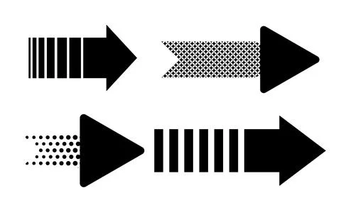 Patterned horizontal arrow shapes set, Striped and dotted directional pointer Ilustración de archivo