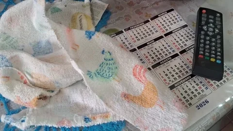 Patterned kitchen towel and television remote on calendar video clip Stock Footage 339507332