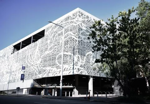 Patterned Metal Facade on Public Car Park in Darwin City, Australia Stock Photos