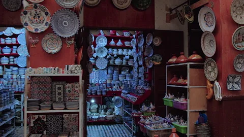 Patterned multicolor Moroccan earthenware ceramic plates, Fes, Morocco Video stock 305410320