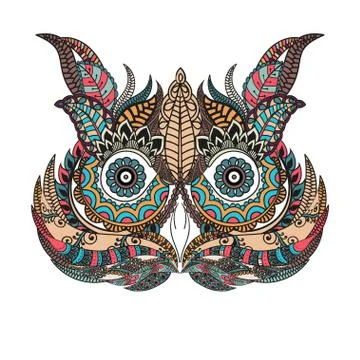 Patterned owl on the grunge background. African, indian, totem, tattoo design Stock Illustration