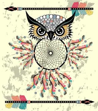 Patterned owl on the grunge background. African indian totem tattoo design. 스톡 일러스트