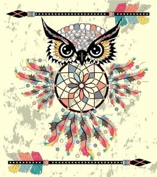 Patterned owl on the grunge background. African indian totem tattoo design. Stockillustratie