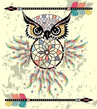 Patterned owl on the grunge background. African indian totem tattoo design. Stock Illustration