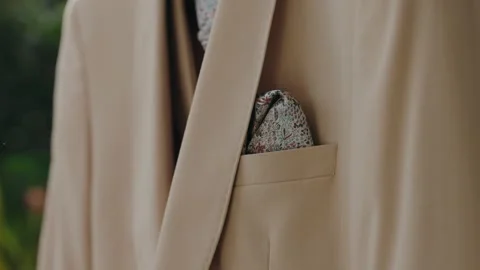 Patterned Pocket Square Tucked into a Beige Tailored Suit Jacket Stock Footage 342330886