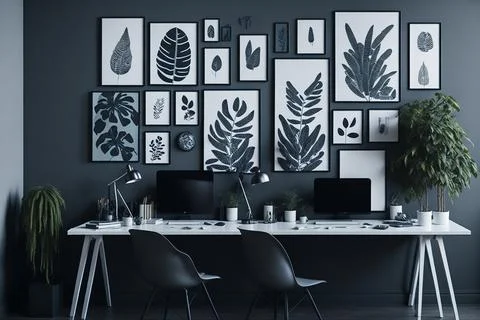 Patterned posters above desk with computer monitor in grey home office inte.. Foto stock