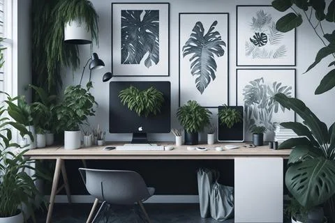Patterned posters above desk with computer monitor in grey home office inte.. Foto stock