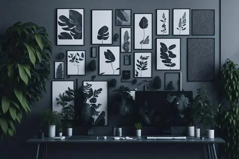 Patterned posters above desk with computer monitor in grey home office inte.. Foto stock