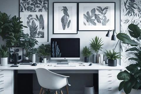 Patterned posters above desk with computer monitor in grey home office inte.. Foto stock