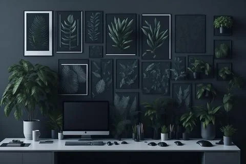 Patterned posters above desk with computer monitor in grey home office inte.. Foto stock