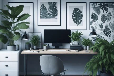 Patterned posters above desk with computer monitor in grey home office inte.. Foto stock