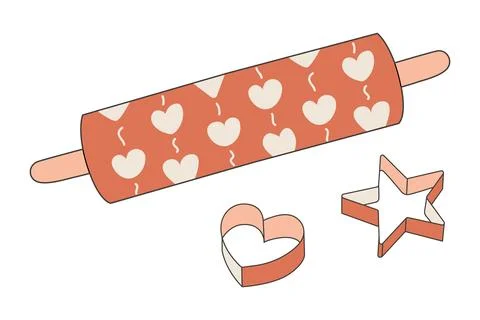Patterned Rolling pin and cookie Cutter in shape of Heart, Star. Kitchen Stock Illustration
