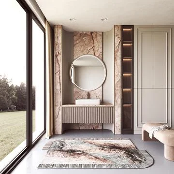 Patterned rug in a scandinavian japandi bathroom with marble wall panels and a Stock-Illustration
