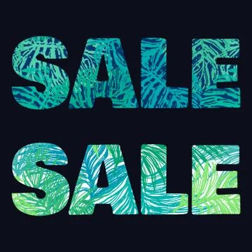 Patterned Sale lettering  with two type of Jungle leaves Stock Illustration