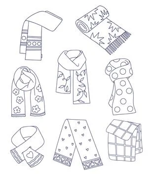Patterned Scarves Line Art Set. Outline Winter Cozy Knitted Scarf Doodle Co.. Stock Illustration