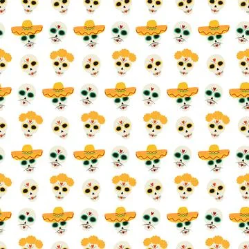 Patterned Skulls in sombrero and wreath Seamless pattern. Day of the dead Illustrazione stock