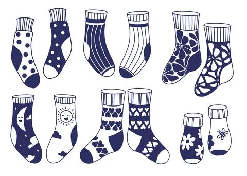 Patterned Socks Pairs Set. Knitted Winter Decorative Hosiery Doodle Collect.. Illustrazione stock