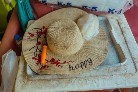 Patterned Straw hat on foam box in summer day Stock Photos