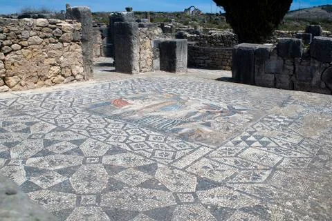 Patterned tessellated pavement or floor mosaic of roman villa Stock Photos