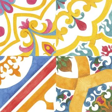 Patterned tiles with floral and geometric ornaments. A set of four rapports Stock Illustration