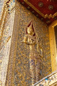 Patterned walls, frames, and roof edges create a rich study of Thai temple .. 写真素材
