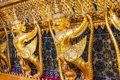 Patterned walls, frames, and roof edges create a rich study of Thai temple .. Foto stock