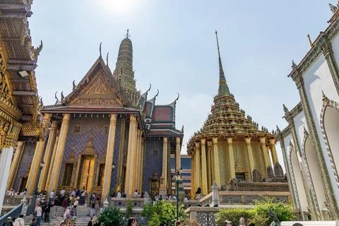 Patterned walls, frames, and roof edges create a rich study of Thai temple .. Stock Photos