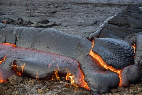 Patterns and forms of lava from an active volcanic eruption. Stock Photos
